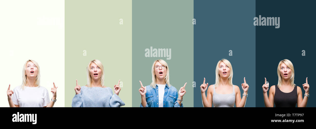 Collage of beautiful blonde woman over green vintage isolated ...