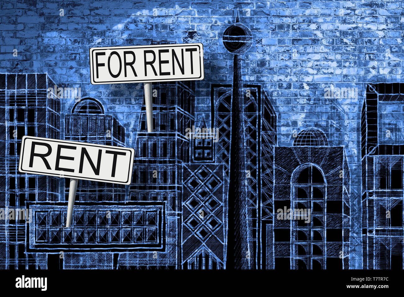 Real estate concept image with a urban skyline doodles background and