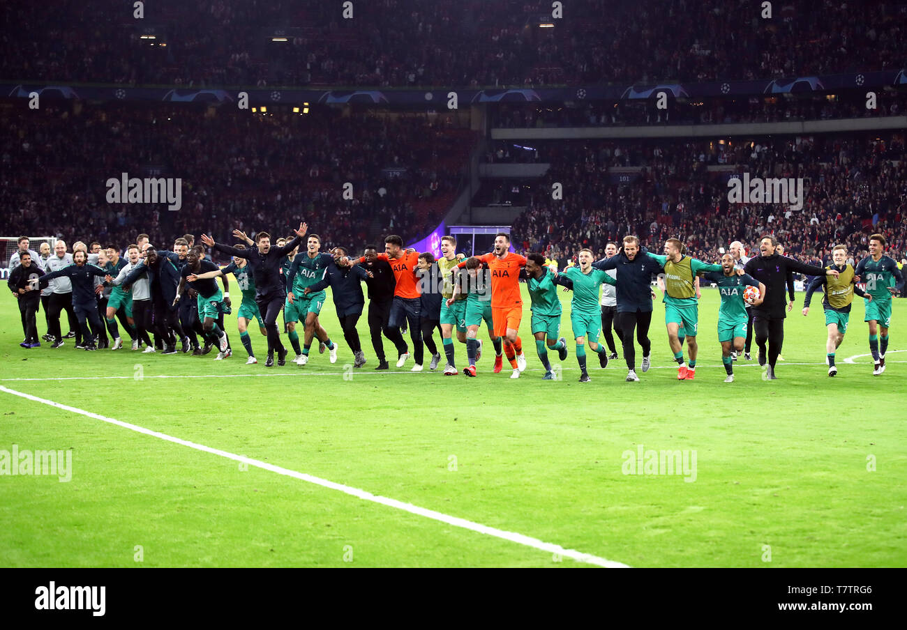 Tottenham Hotspur team celebrate after the final whistle during the UEFA Champions League Semi Final, second leg match at Johan Cruijff ArenA, Amsterdam. Stock Photo