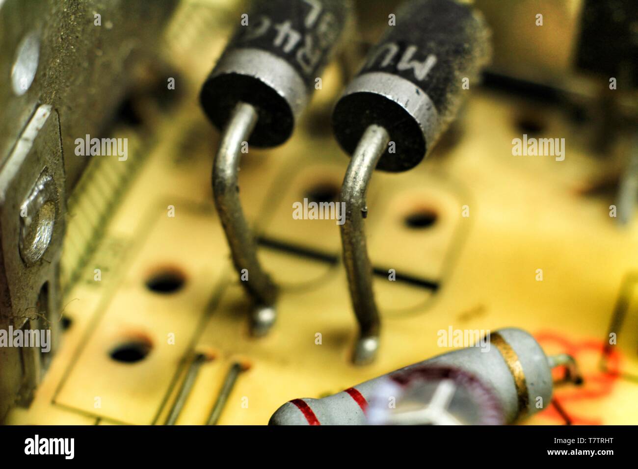 Macro photography of capacitors and other electronic components in an