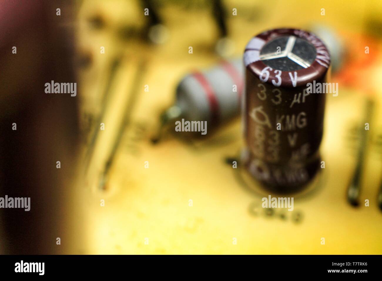 Macro photography of capacitors and other electronic components in an