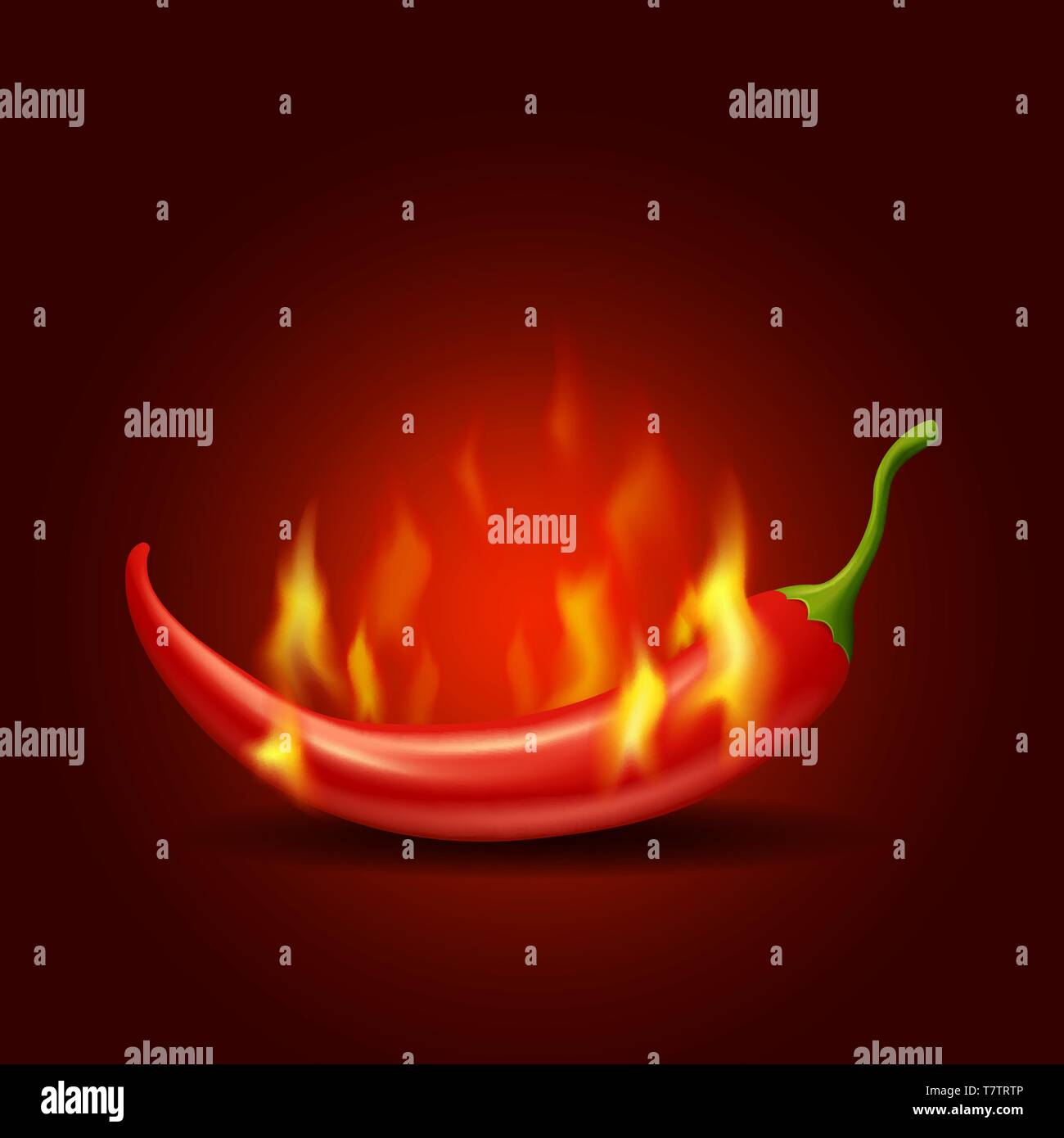 Burning chili pepper with flame on red background, bitter spicy hot Stock Vector