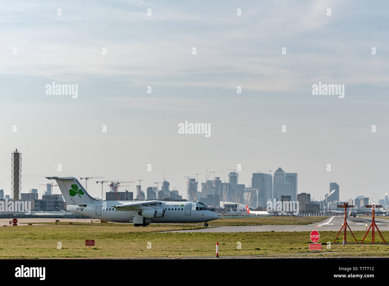 London, UK - 17, February 2019: CityJet a Irish regional airline based in Dublin, British Aerospace aircraft type Avro RJ85 at the London City Airport Stock Photo