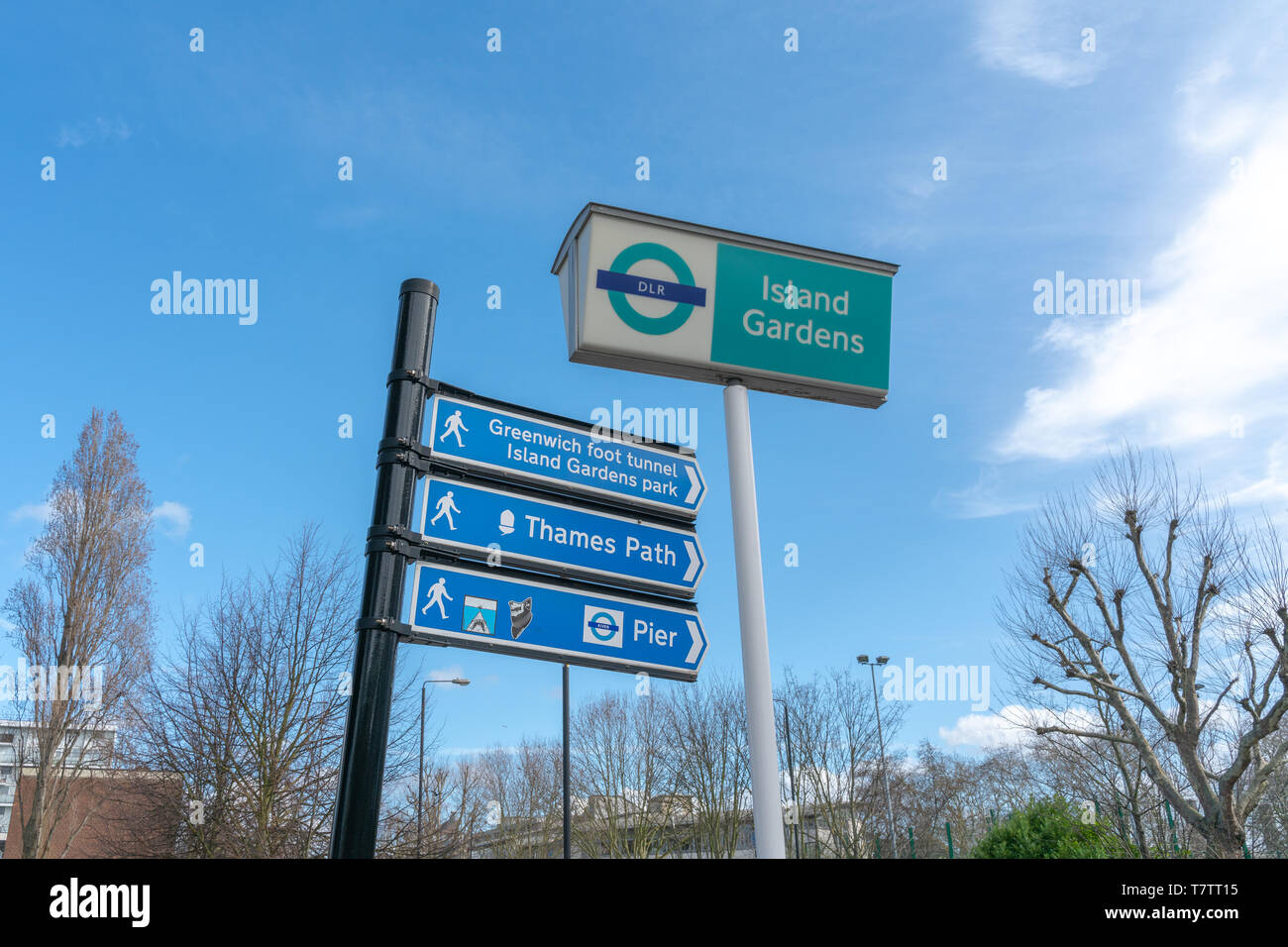 London, UK - March 05, 2019: Island Gardens - a Docklands Light Railway (DLR) station next to Island Gardens on the Isle of Dogs, East London Stock Photo