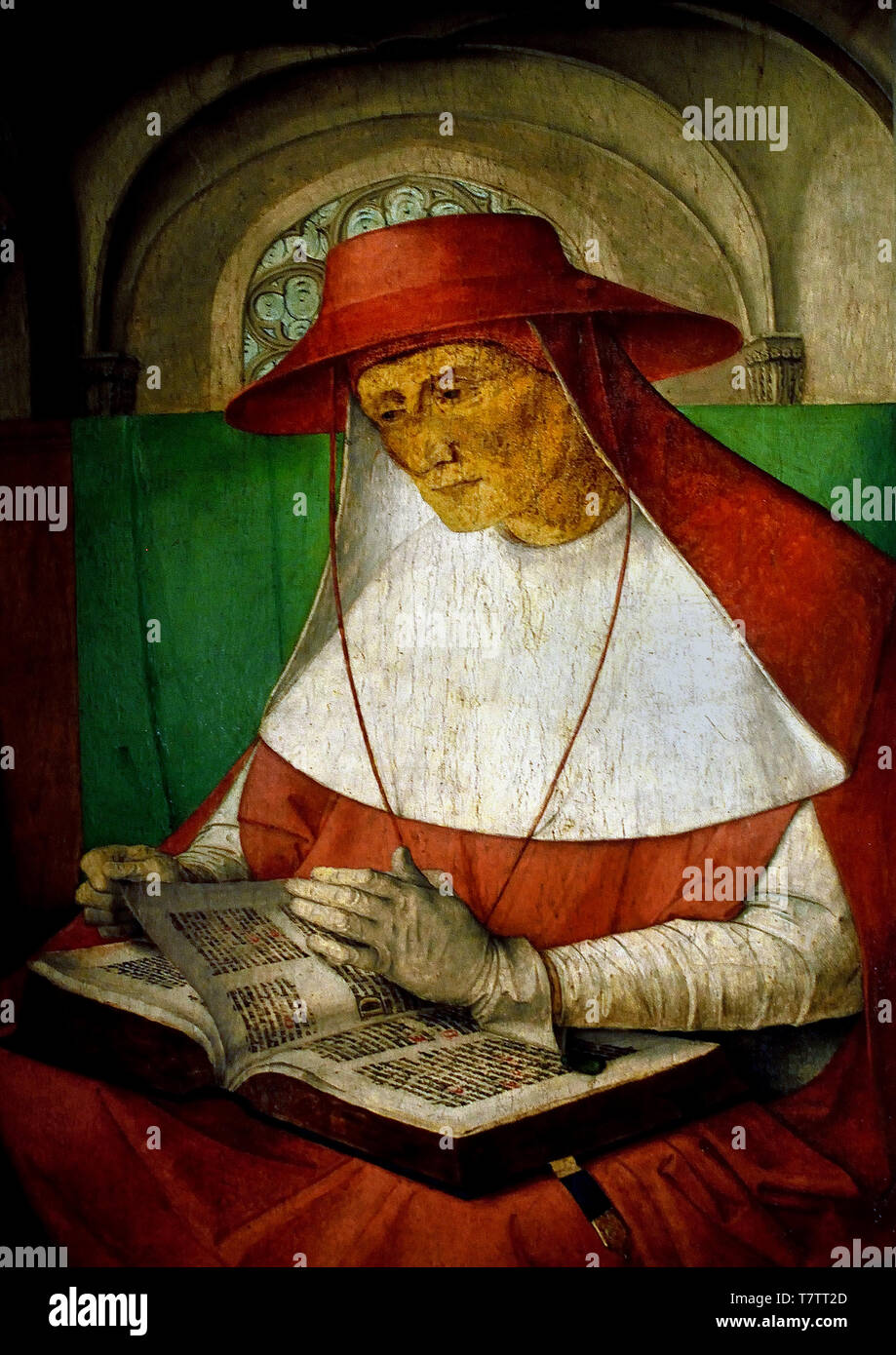 Holy Hieronymus (347-420) by Justus van Gent 1435 - 1500 Antwerp South Netherlandish Flemish Belgian, ( Best known for his Latin translation of the Bible, the Vulgate (391–405), Jerome also was a prolific writer of letters, biblical commentaries, sermons, and theological tracts, as well as a translator of many Greek works into Latin. ) Stock Photo