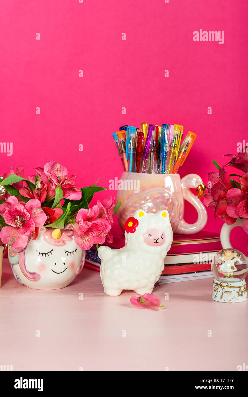 Girly Desk table or Office settings. Back to school concept Stock Photo