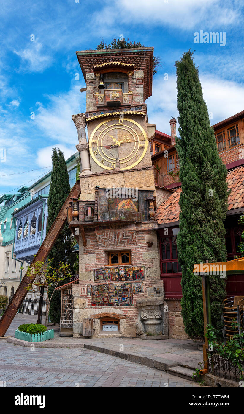 Clock Tower of puppet theatre Rezo Gabriadze in the historical centre of old Tbilisi, Georgia Stock Photo