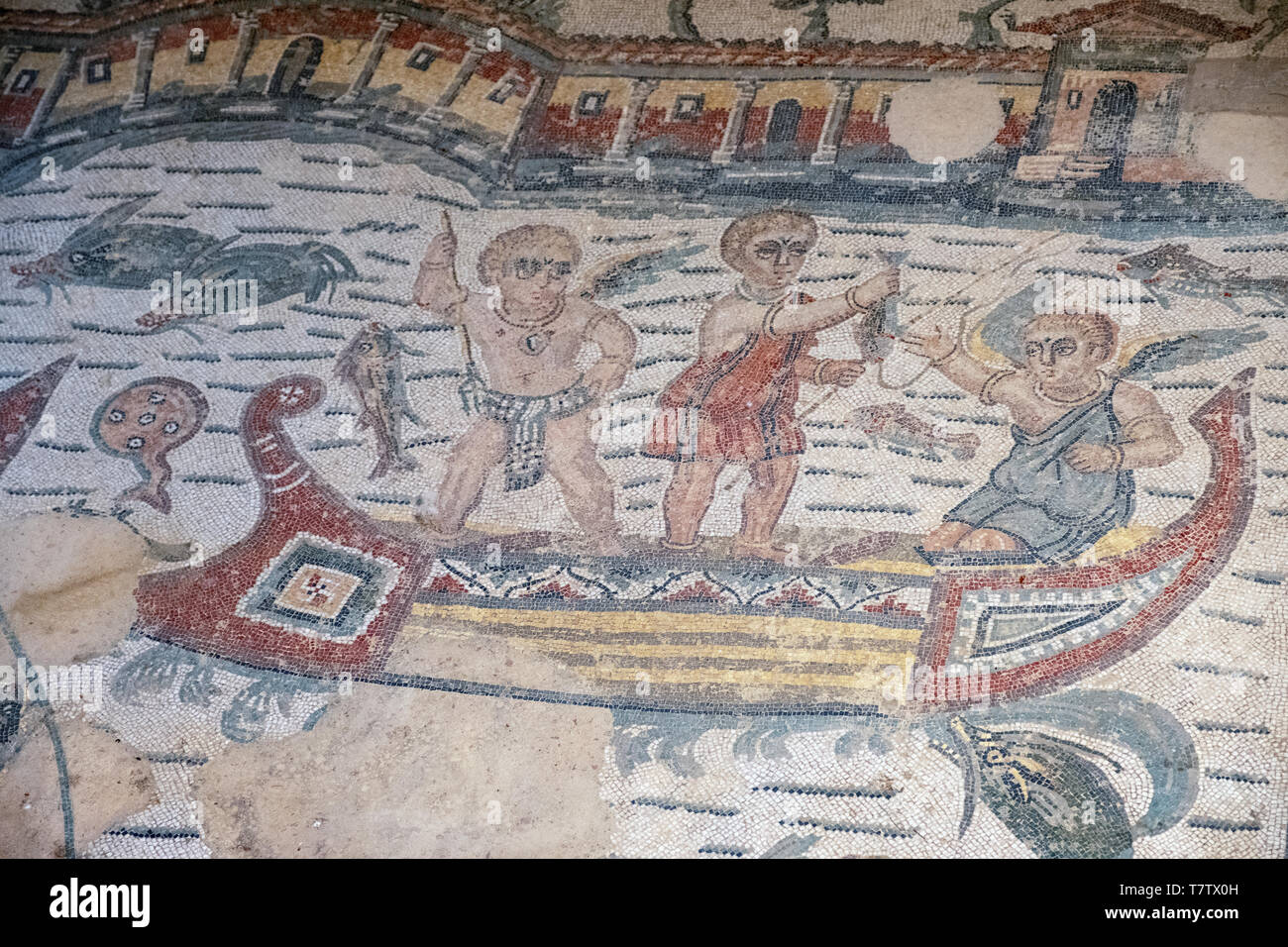 Cupids fishing mosaic Villa Romana del Casale 4th century near Piazza Armerina, Sicily, Italy Stock Photo
