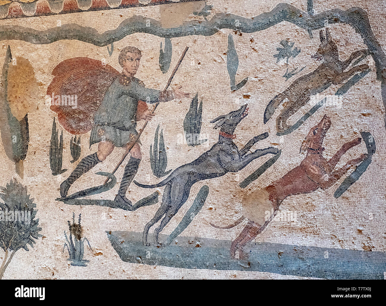 Scene from the Small Game Hunt roman mosaic in the Villa Romana del Casale, Piazza Armerina, Sicily, Italy. Stock Photo