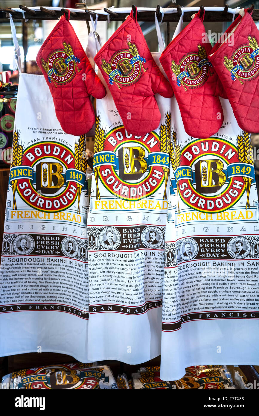 Aprons and mitts, Boudin Bakery, Fisherman's Wharf, San Francisco, California USA Stock Photo
