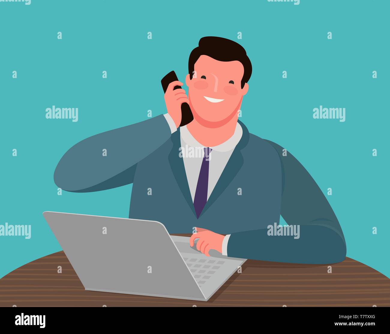 Businessman talking on the phone while sitting at the desk in front of a laptop. Business vector illustration Stock Vector