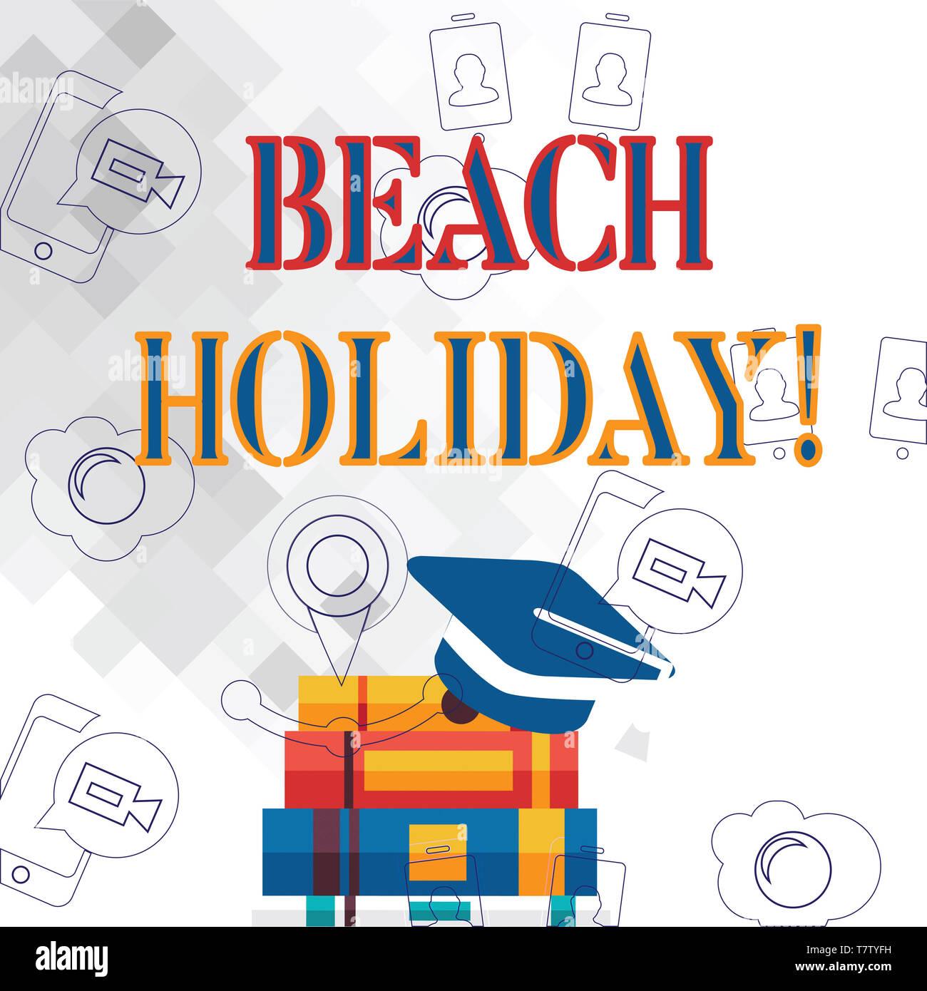 Text sign showing Beach Holiday. Business photo showcasing Vacations in which one basically just sunbathes in the beach Graduation Cap with Tassel Res Stock Photo