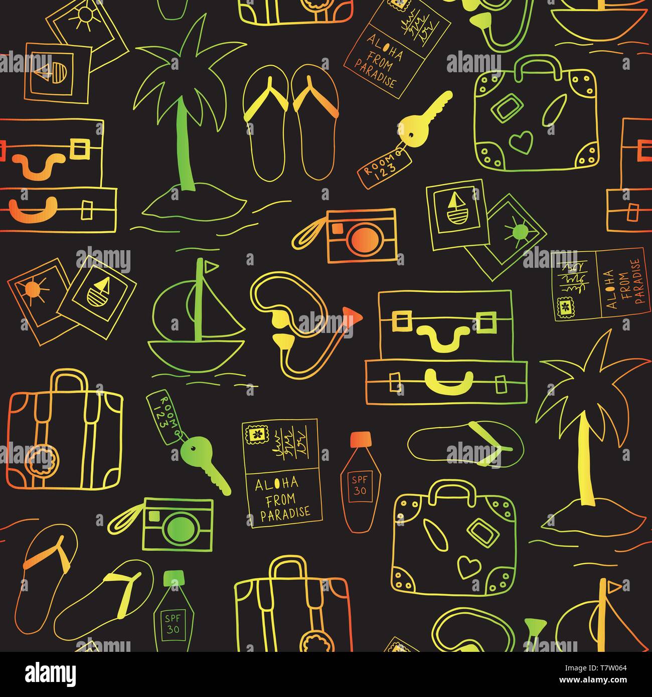 Summer vacation icons seamless vector background black and neon colors ...