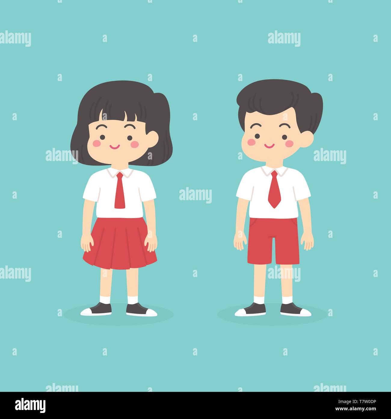 Cute Indonesian Elementary School Boy Girl Wearing Red And White Uniform Cartoon Vector Illustration Stock Vector Image Art Alamy