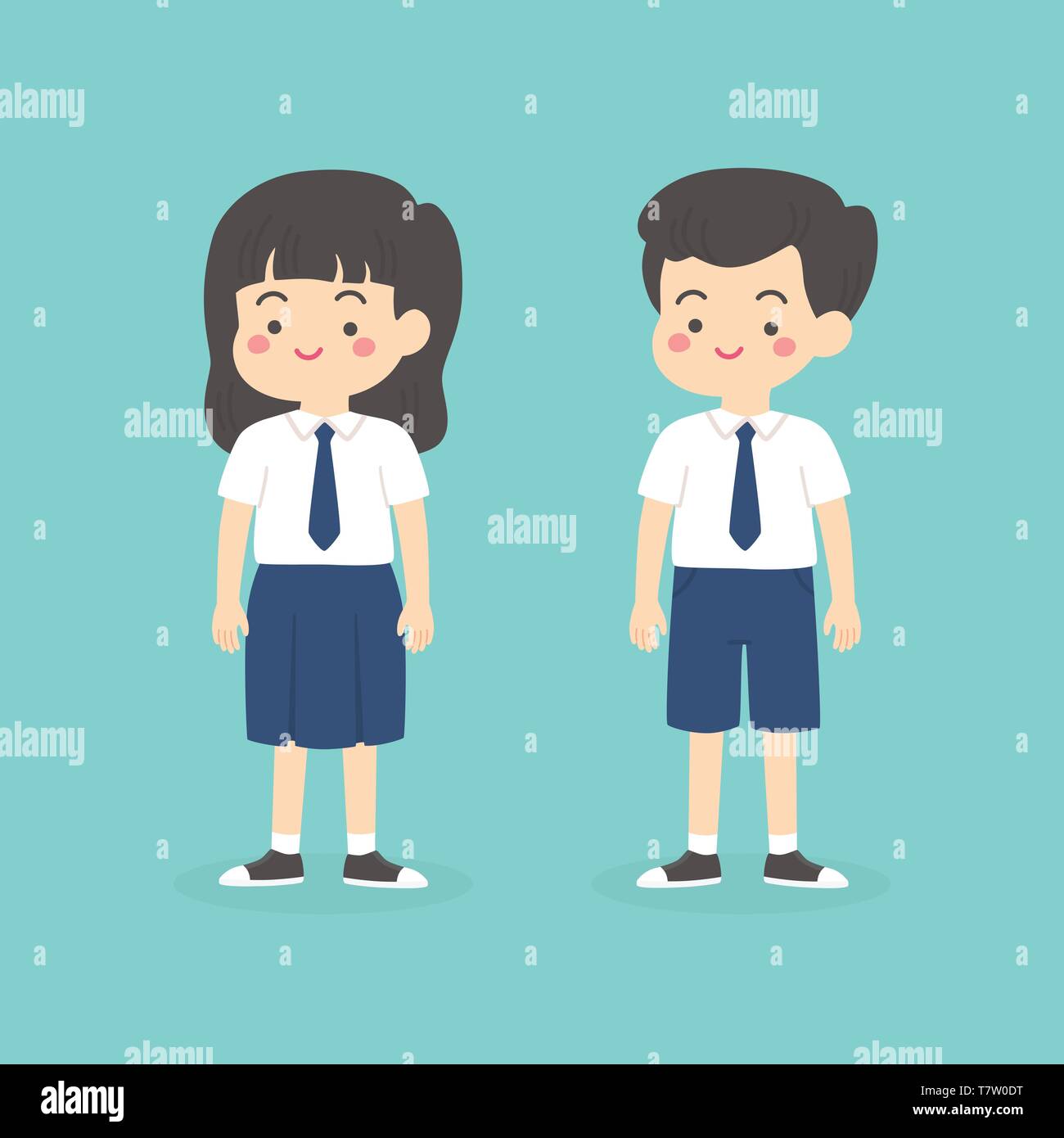 Cute Indonesian Junior High School Boy Girl Wearing Blue and White Uniform Cartoon Vector Illustration Stock Vector