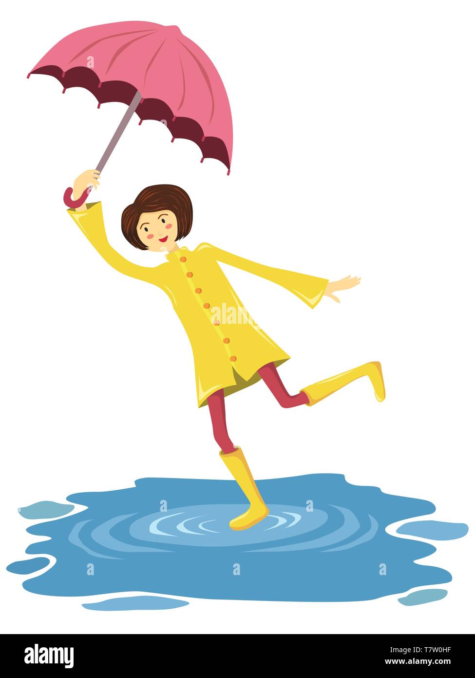 Girl dancing with yellow raincoat, boots and her pink umbrella on puddle after rain Stock Vector