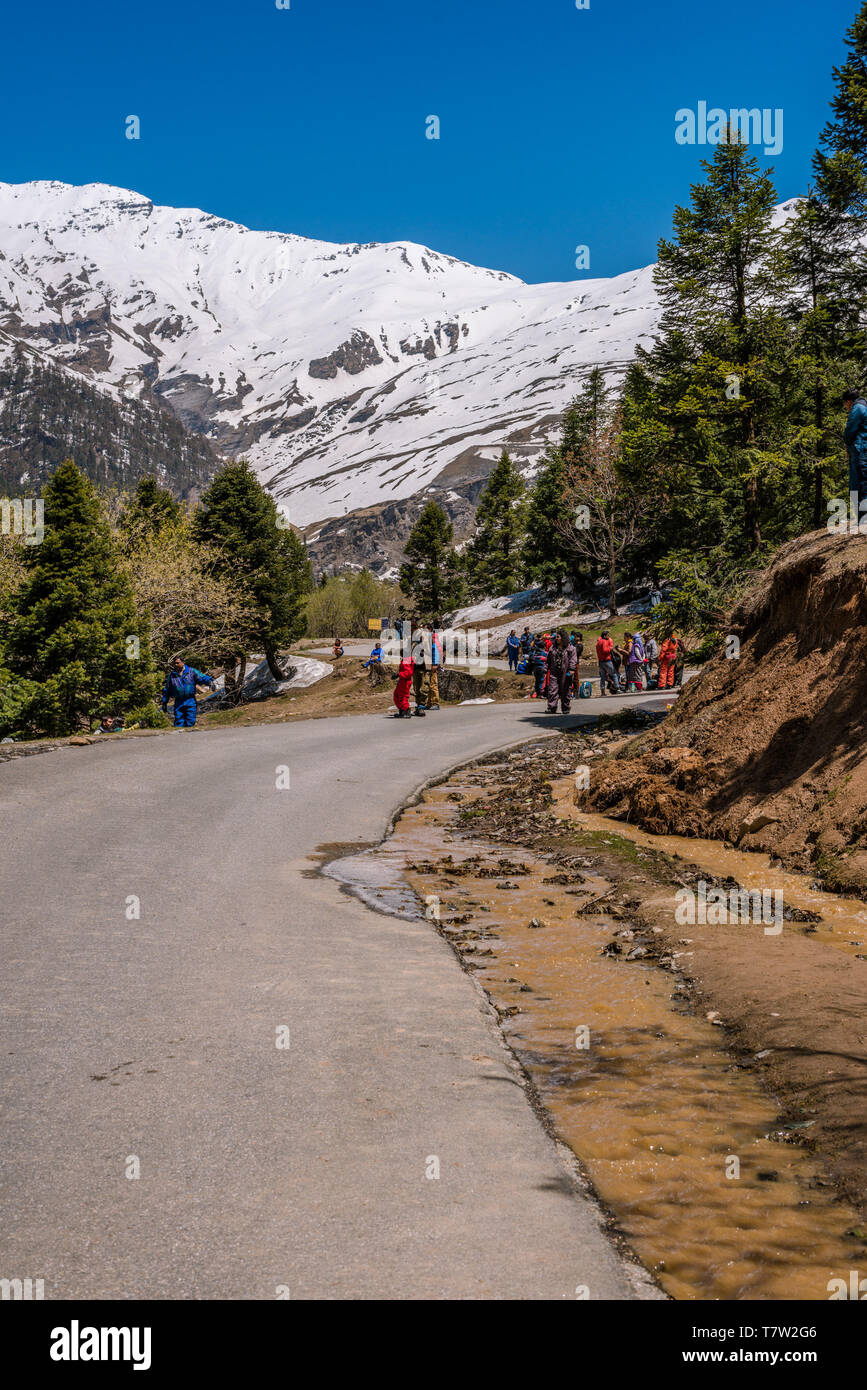 Manali, Himachal Pradesh, India - May 01, 2019 : Tourist enjoying in gulaba. Road to Rohtang pass in himalayas, india Stock Photo