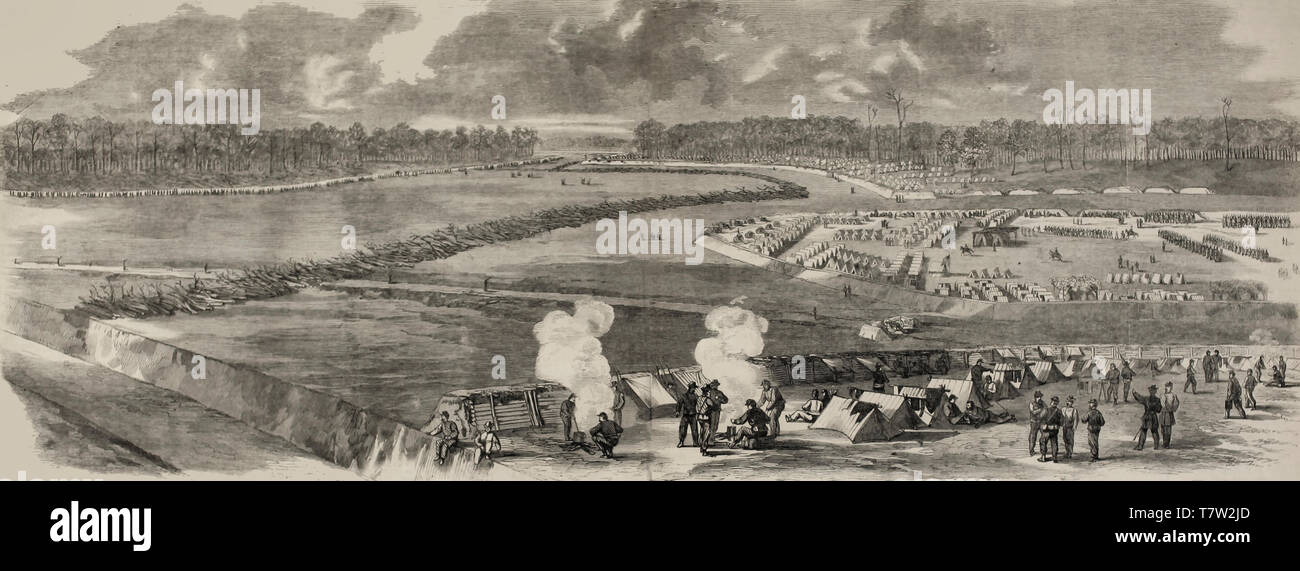 The Siege of Petersburg - The 5th and 9th Army Corps in possession of the Weldo's Railroad - View of the forts just completed to protect the position. American Civil War, 1864 Stock Photo