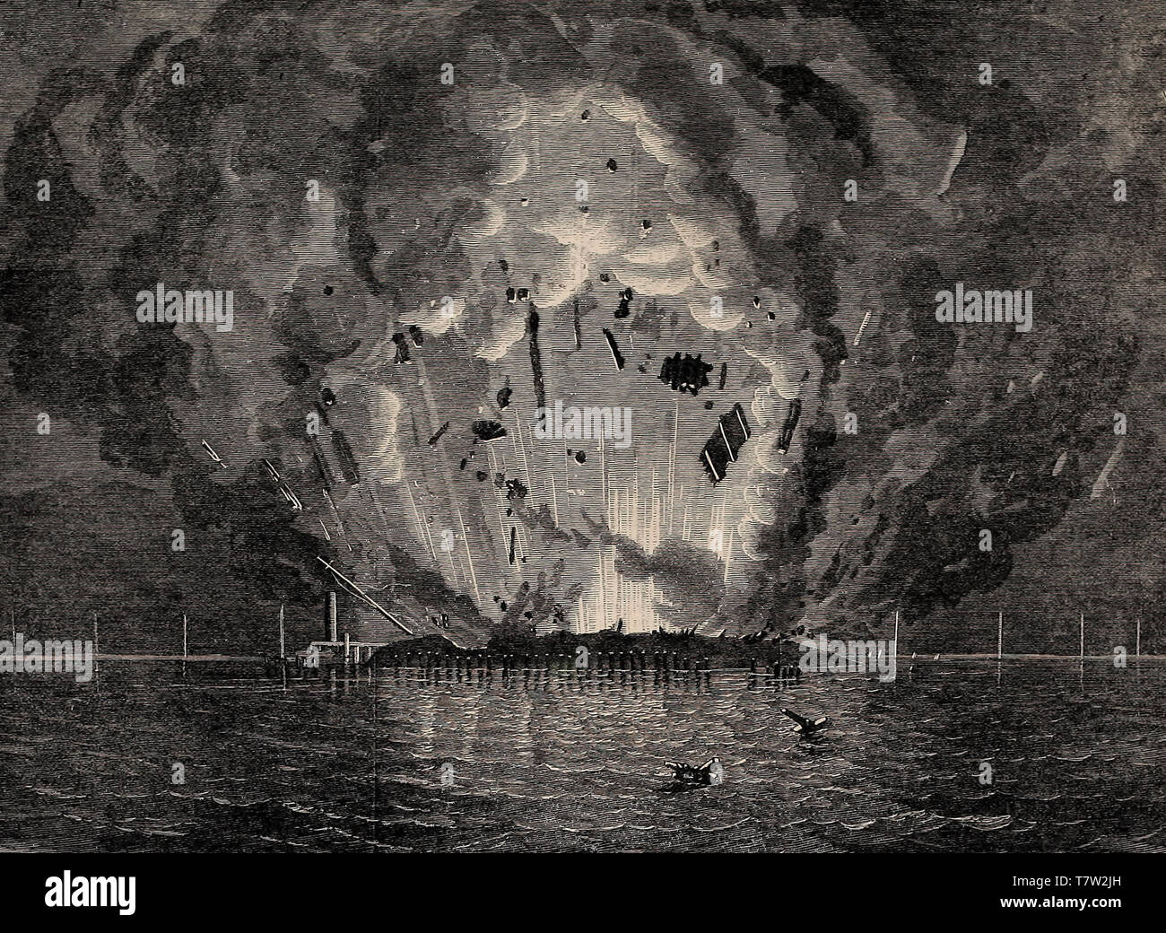 The Siege of Mobile, Alabama - Explosion of Fort Powell at Grant's Pass, July 5, 1864. American Civil War Stock Photo