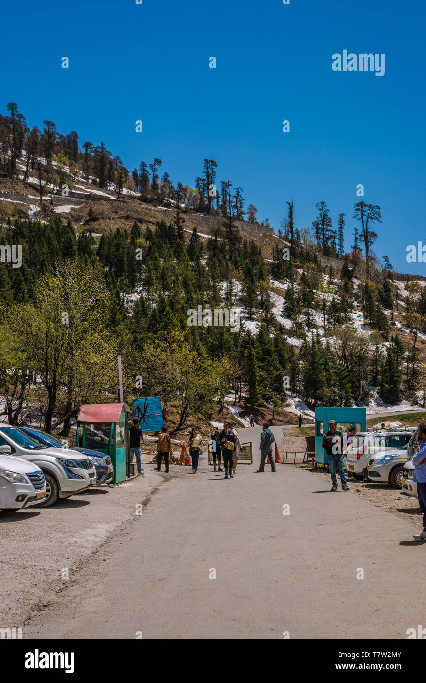 Manali, Himachal Pradesh, India - May 01, 2019 : Gulaba Check Post for leh. Road to Rohtang pass in himalayas - Stock Photo
