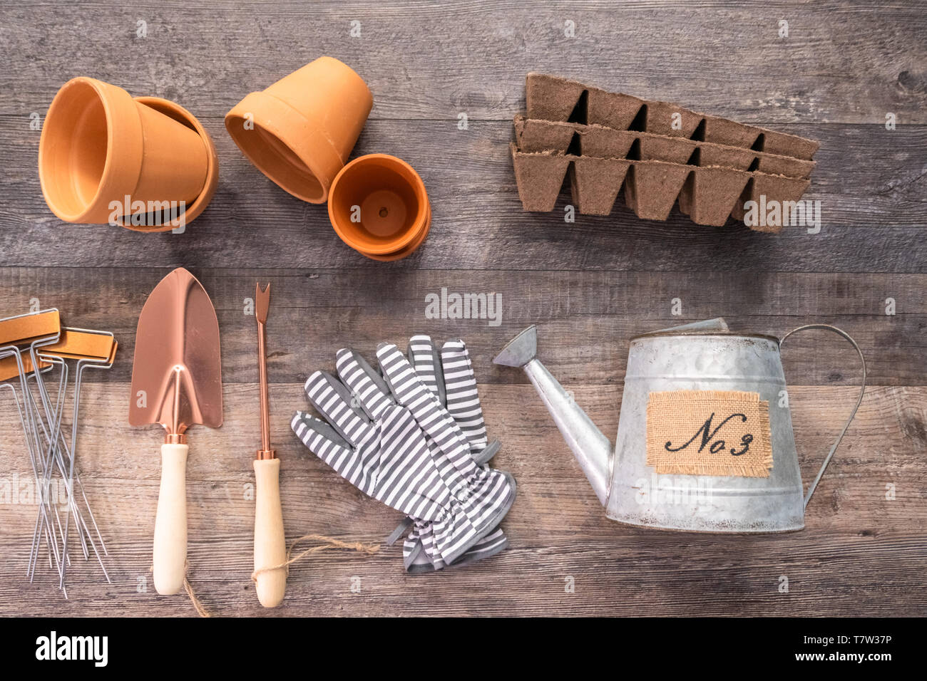 Flat lay. Small garden tools are ready for Spring planting season ...