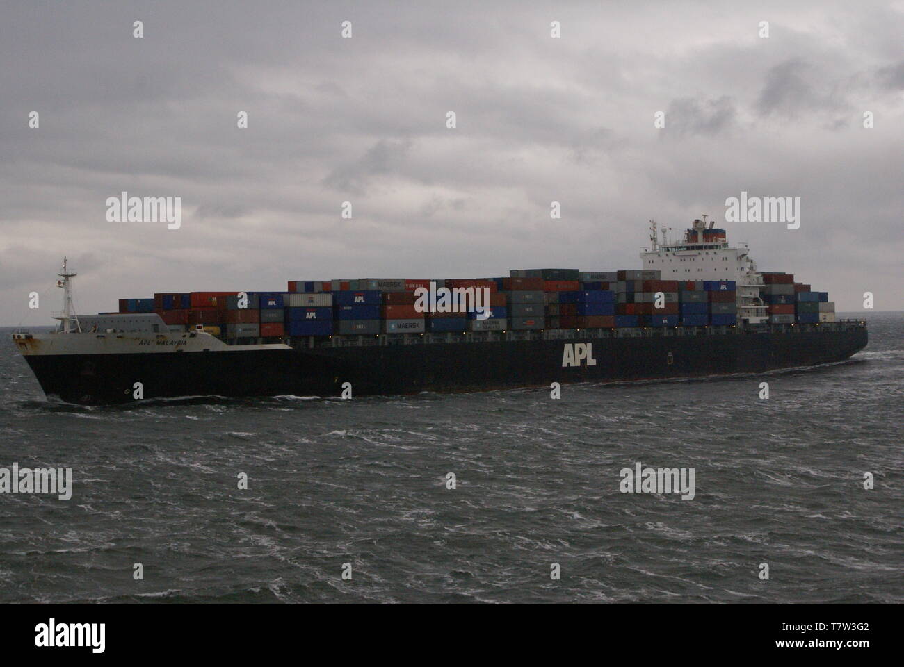 Container ship APL MALAYSIA IMO number : 9196917 . North sea. Stock Photo