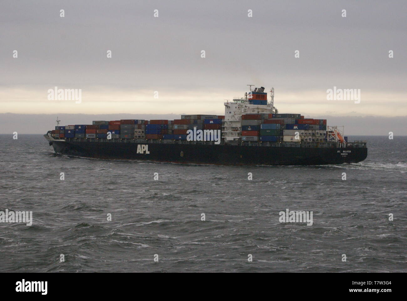 Container ship APL MALAYSIA IMO number : 9196917 . North sea. Stock Photo