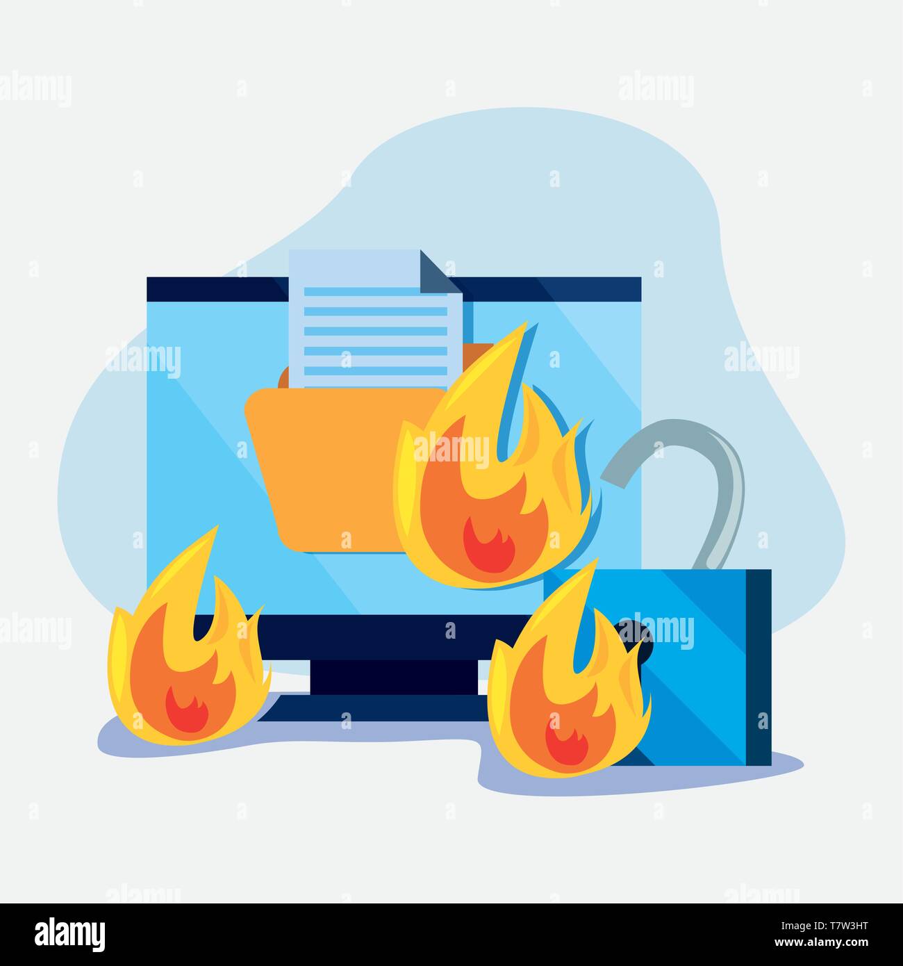 computer lock folder fire cybersecurity data protection vector ...