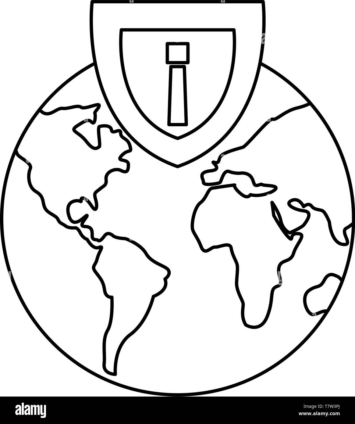 wolrd shield cybersecurity data protection vector illustration outline ...