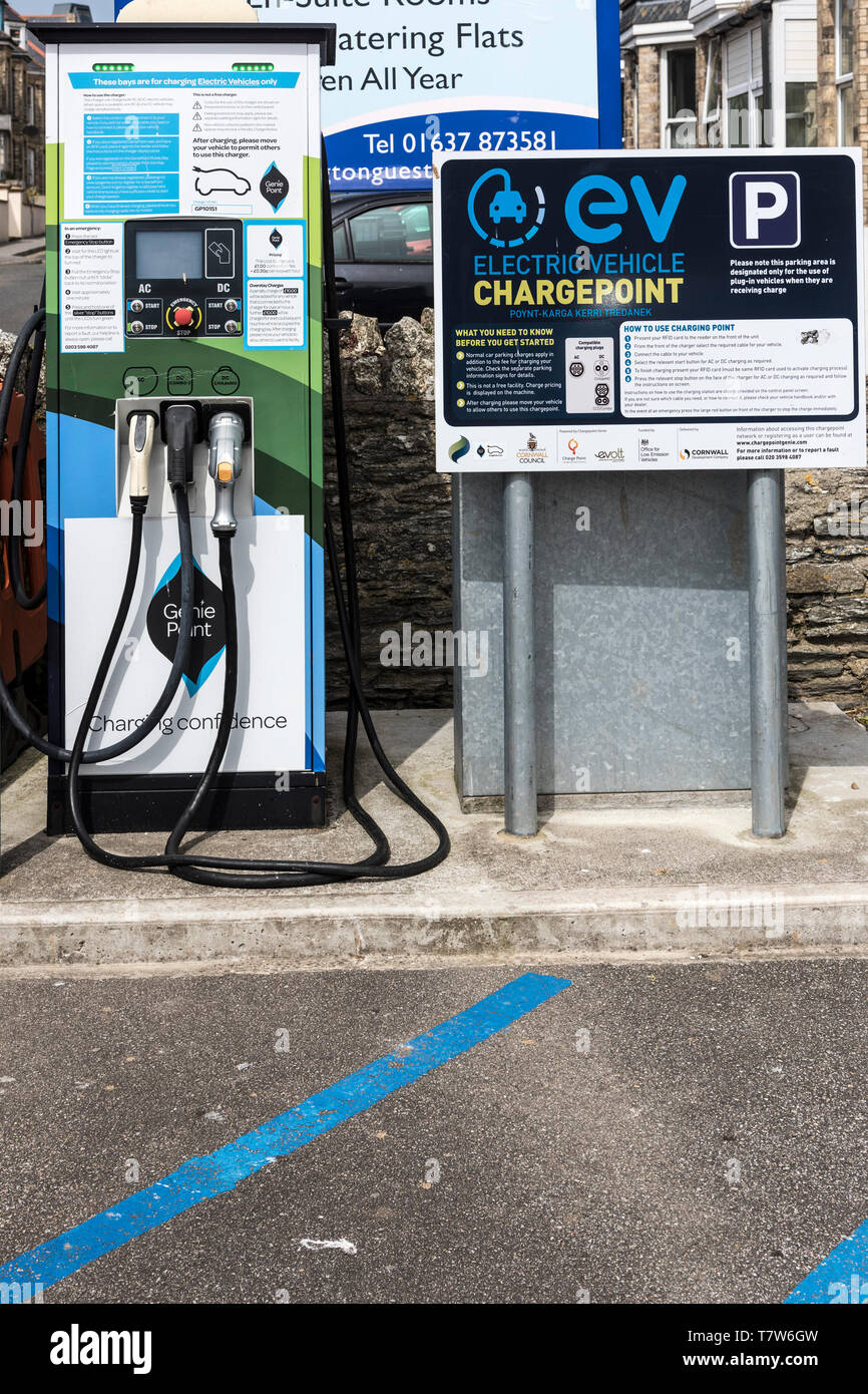 A charging point for electric cars in a car park in Newquay in Cornwall