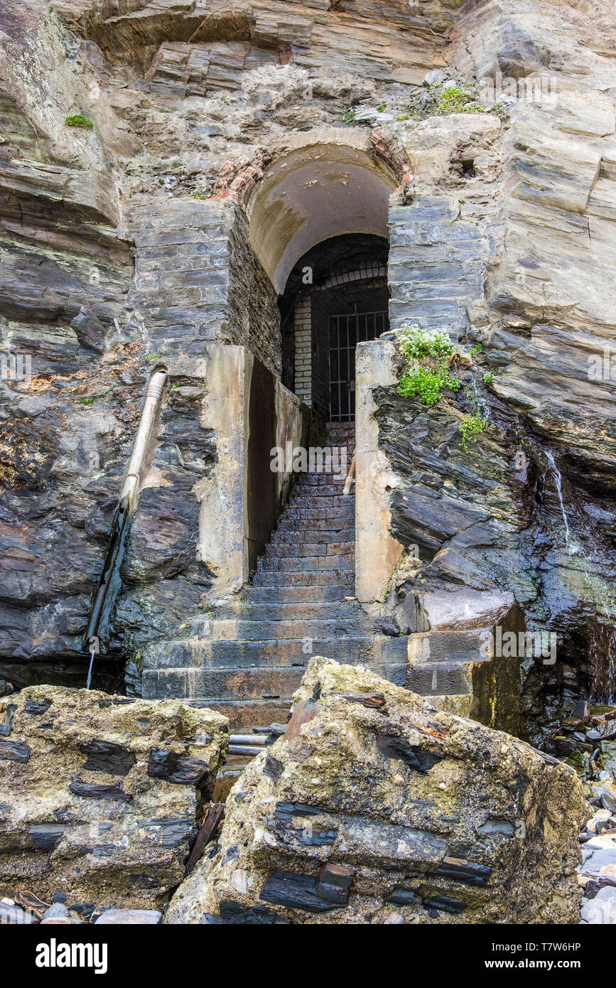 The historic disused entrance to the tunnel leading from Great Western Beach to the Hiotel Victoria in Newquay in Cornwall. Stock Photo