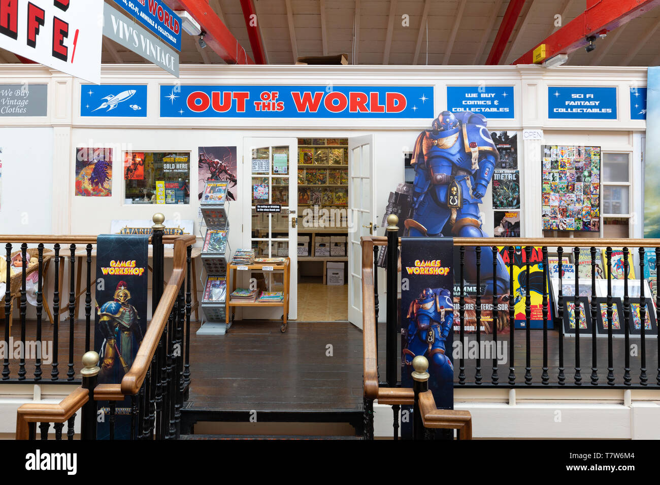 Comic book store UK - Out of this World comic bookshop, the Gallery indoor market, Worcester Worcestershire UK Stock Photo