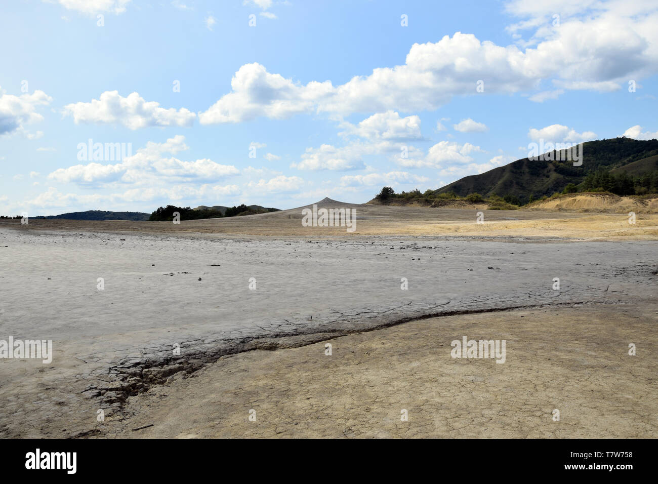 Dry, cracked earth near Mud Volcanoes (Vulcanii Noroiosi) in Berca. Buzau, Romania. Stock Photo
