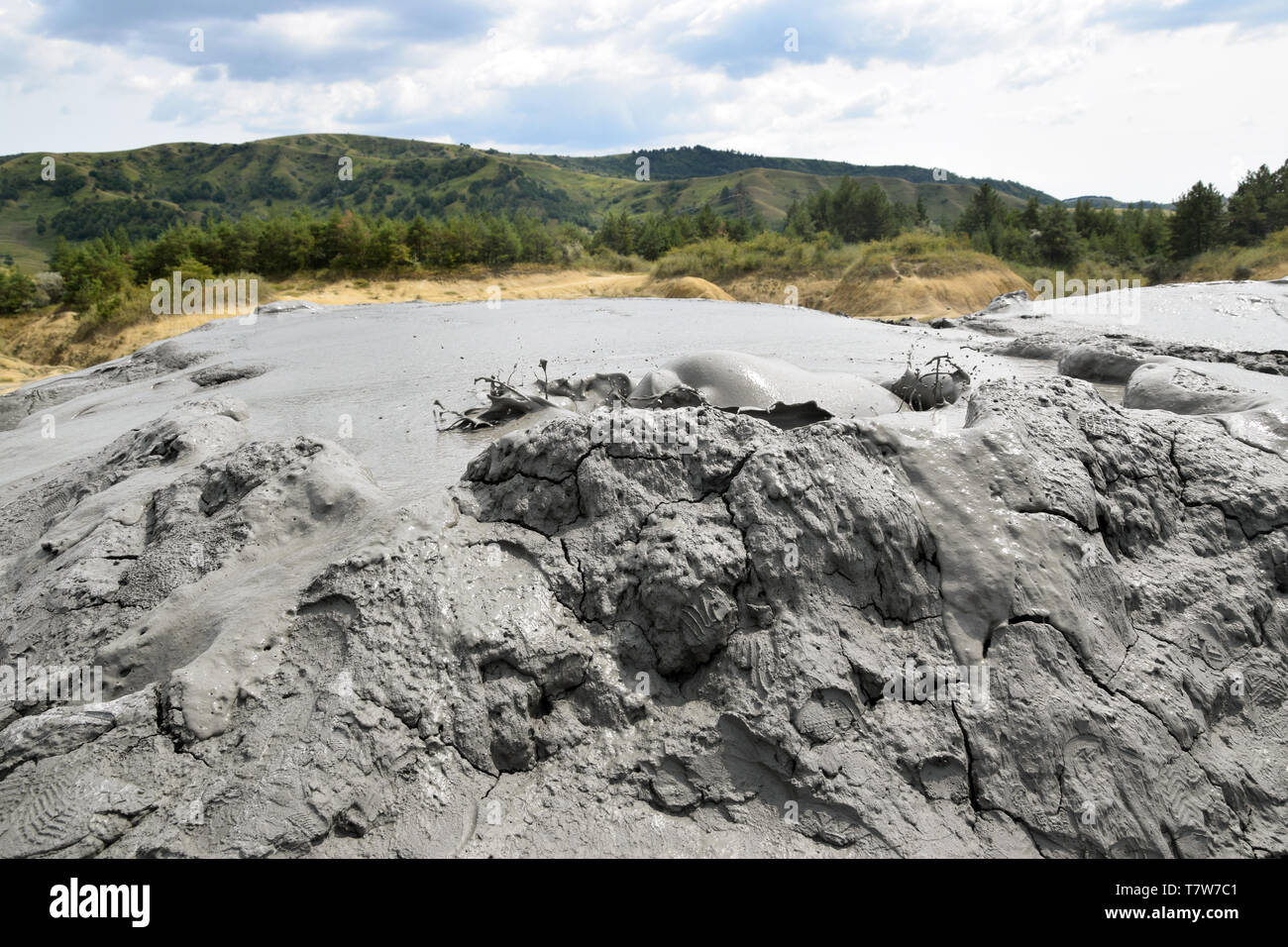 Erupting Mud Volcanoes (Vulcanii Noroiosi) in Berca. Buzau, Romania. Stock Photo