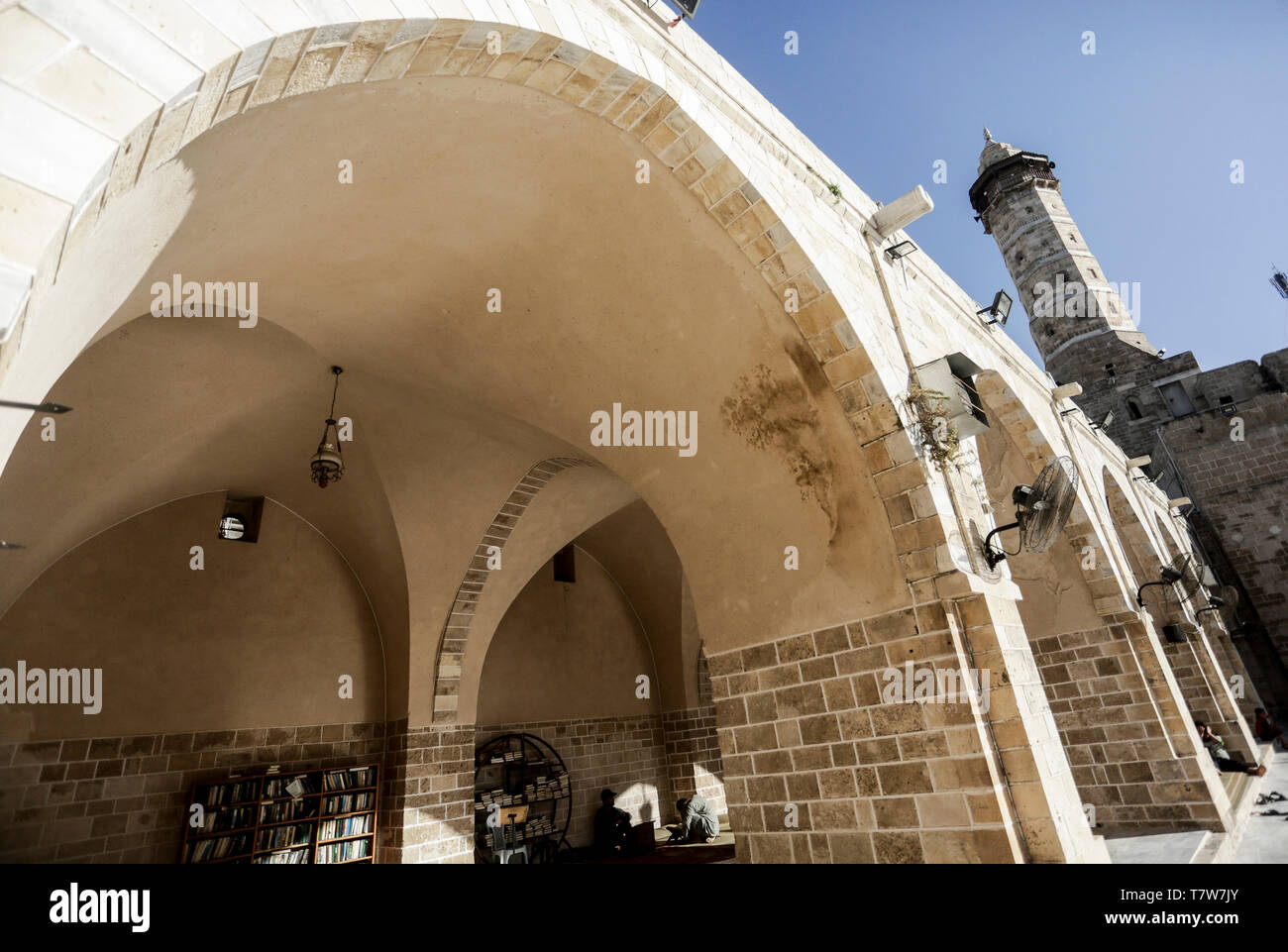 View of the al-Omari mosque during Ramadan. Third day of Ramadan. Muslims throughout the world are participating in the holy fasting month of Ramadan, the holiest month in Islamic calendar, refraining from eating, drinking and smoking from dawn to dusk. Stock Photo