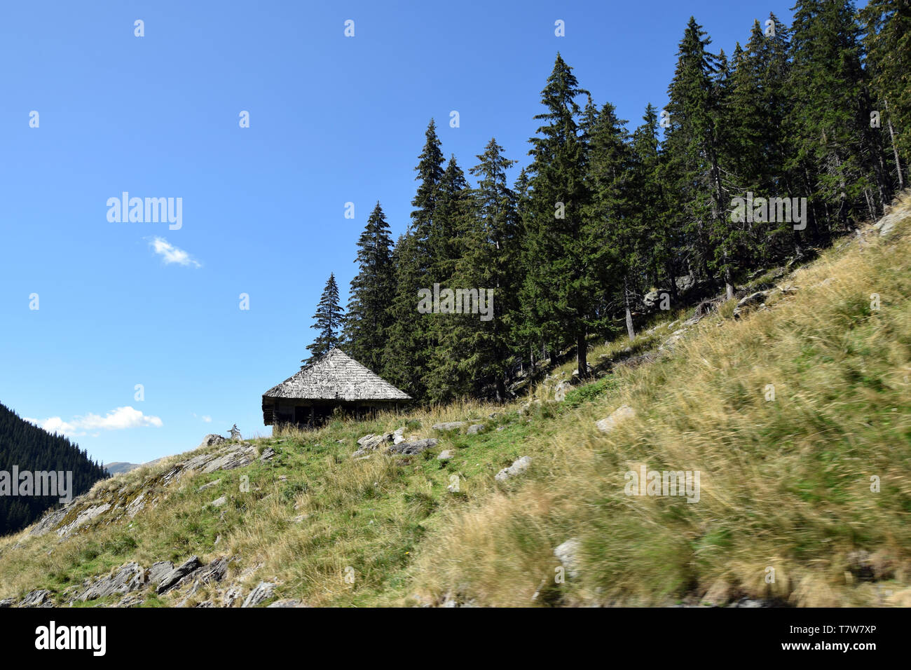 Mountain hut in Fagaras mountains near Transfagarasan (DN7C) road. Romania. Stock Photo