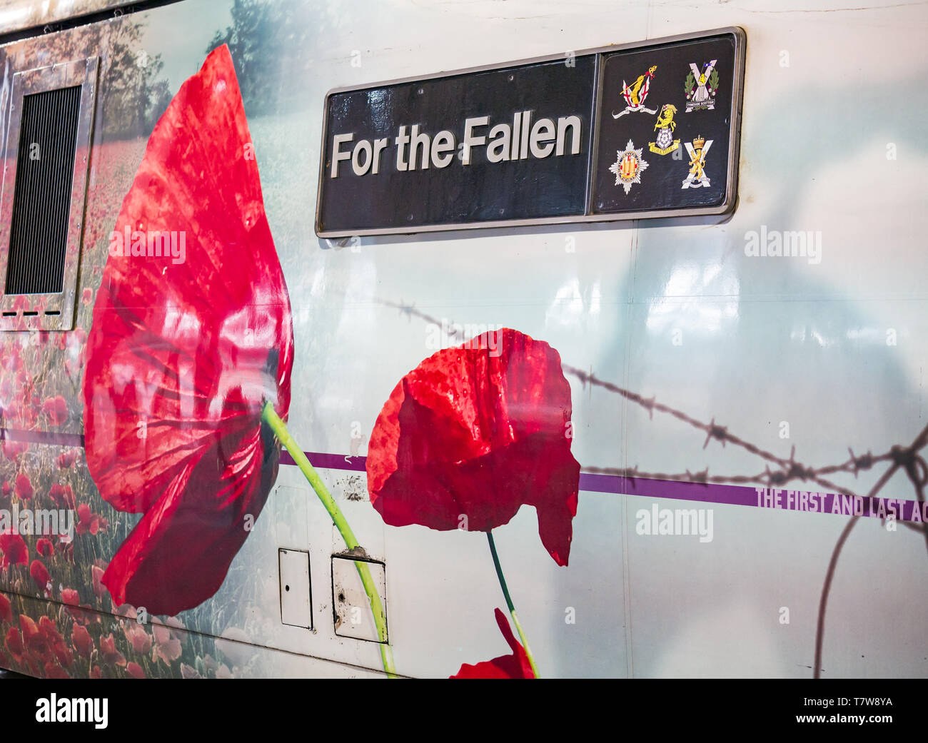 Armistice Day commemoration livery, East Coast train with red poppies For the Fallen, UK Stock Photo