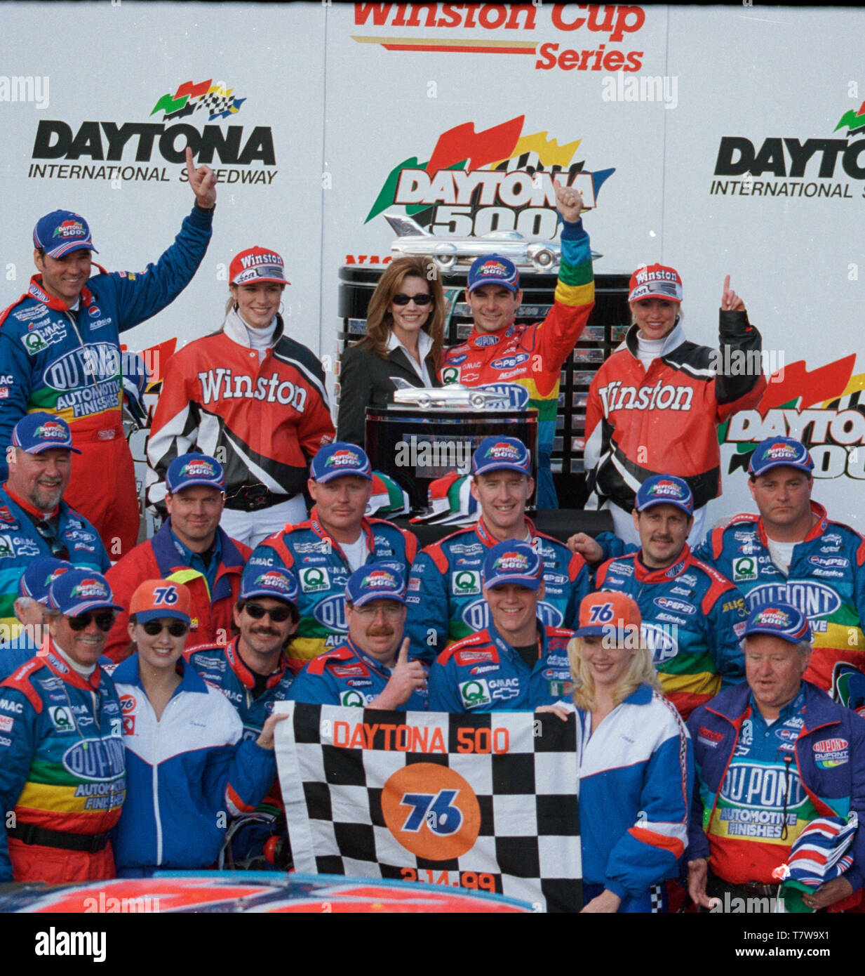 Jeff Gordon celebrates winning the 1998 NASCAR Daytona 500 at Daytona International Speedway Stock Photo