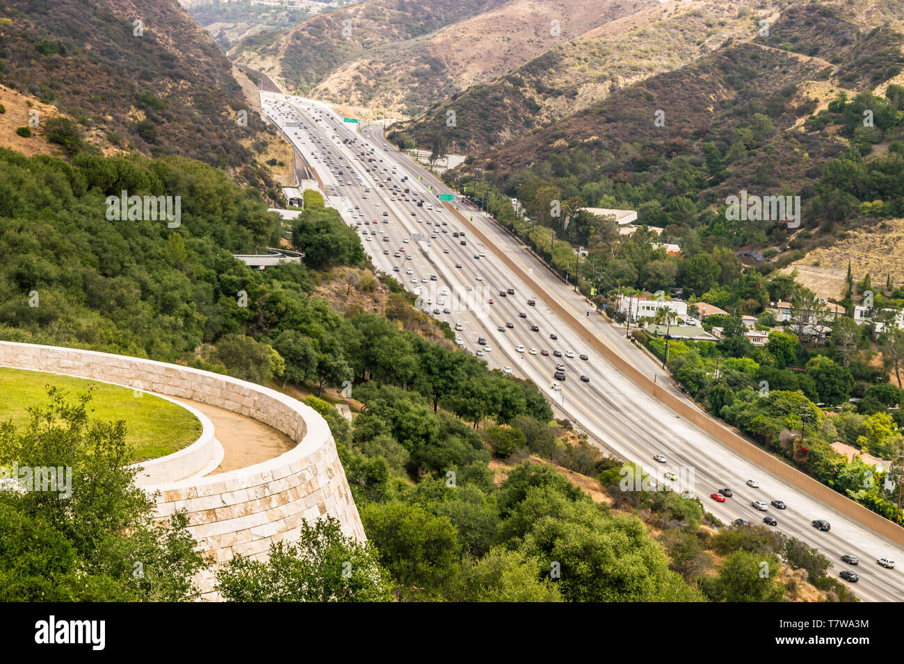 Aerial view of 405 Freeway from Getty Museum hillside, Los Angeles, CA