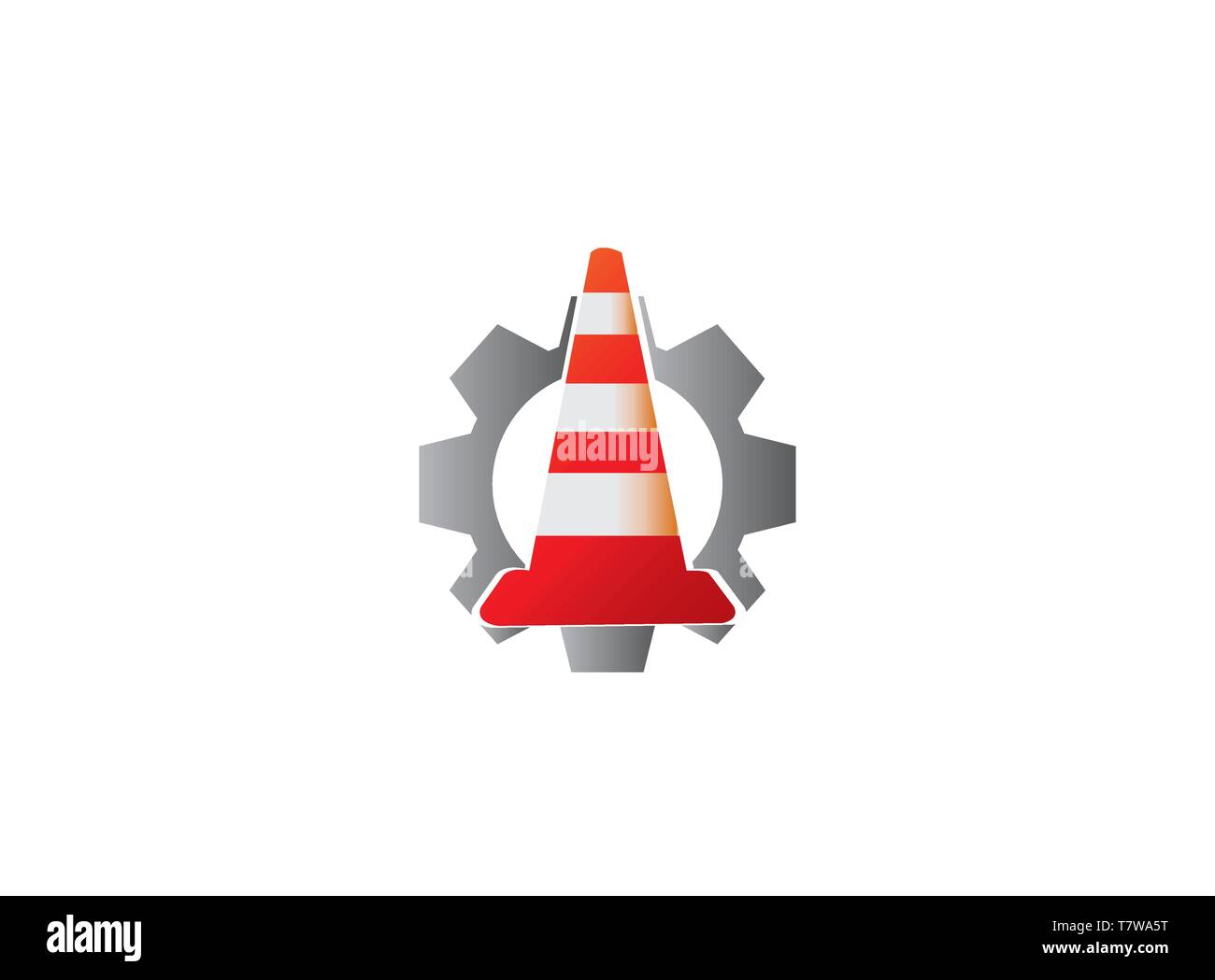 Traffic cone in under construction signal Warning inside gear pinion for logo design Stock Vector