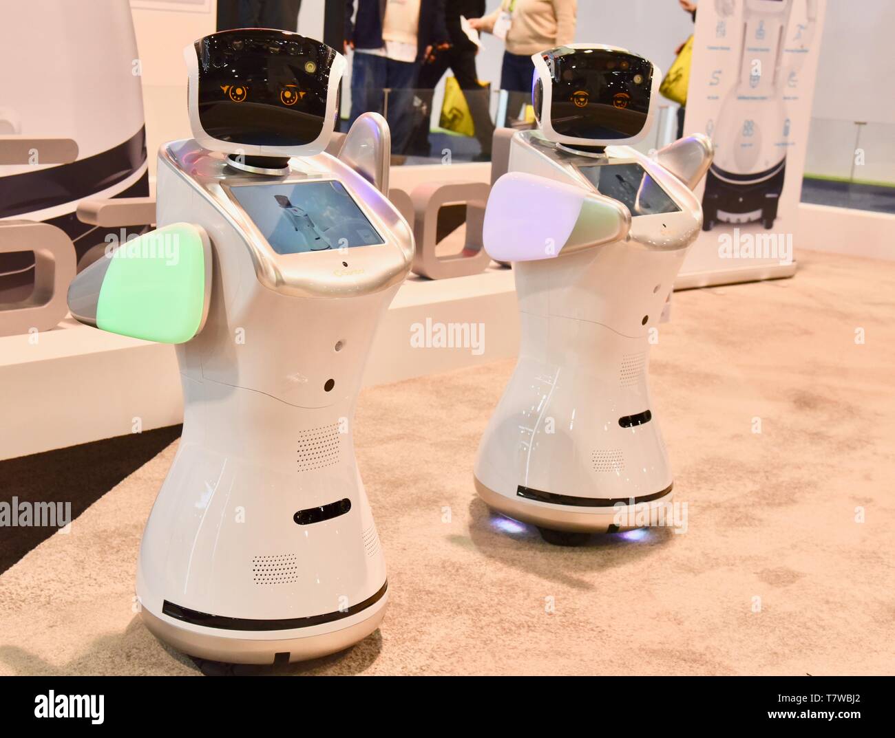 Sanbot Max robots, standing and offered as service robots, on display at CES, Las Vegas, USA Stock Photo