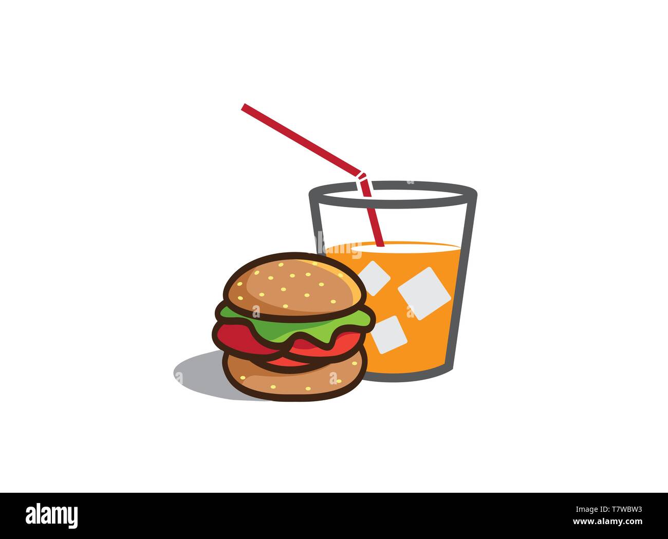 Cup of juice with square ice cubes and big hamburger Sandwich with meat