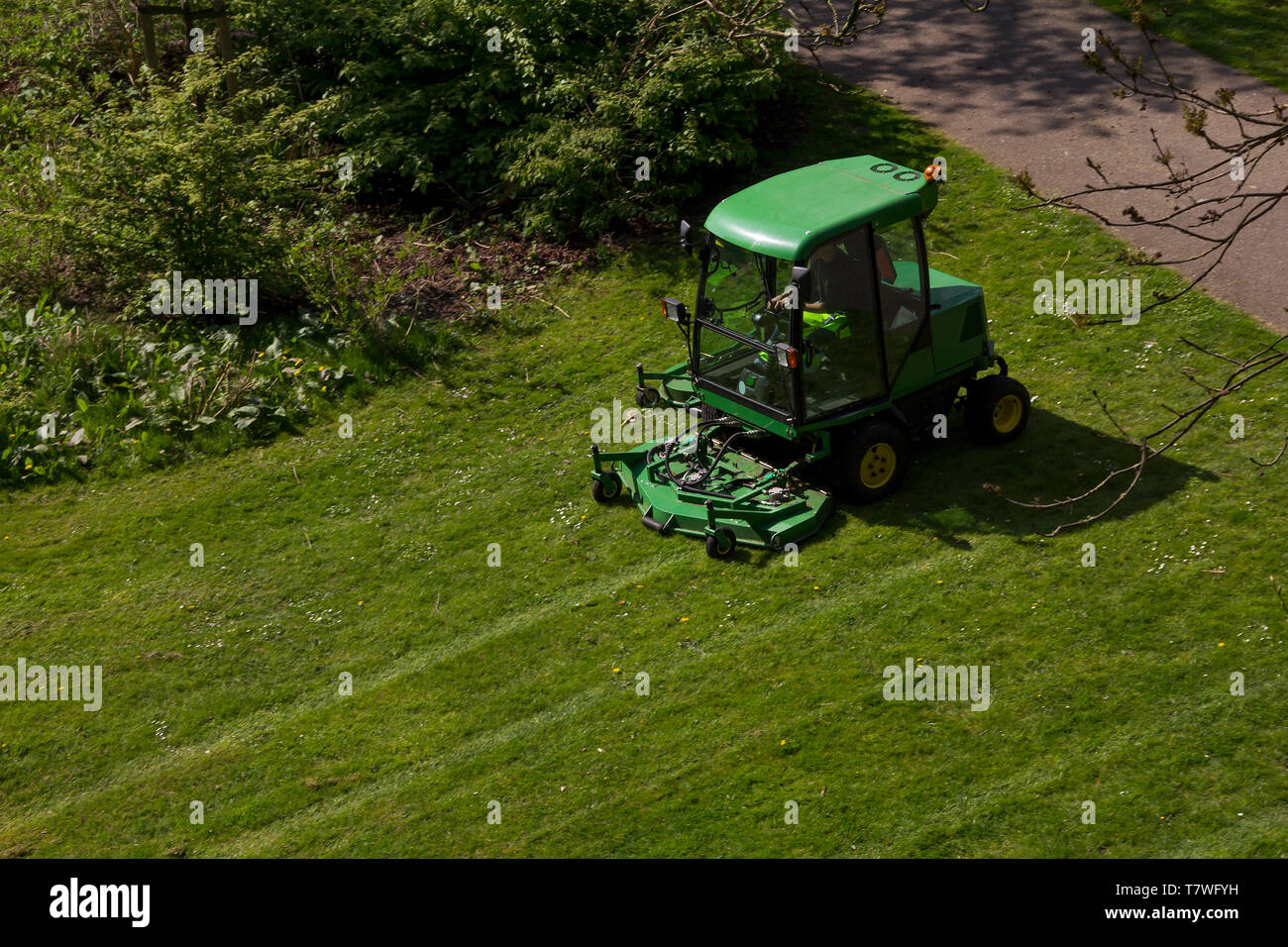 A riding commercial landscaper of a community or city services on the big lawn mower cutting the grass Stock Photo