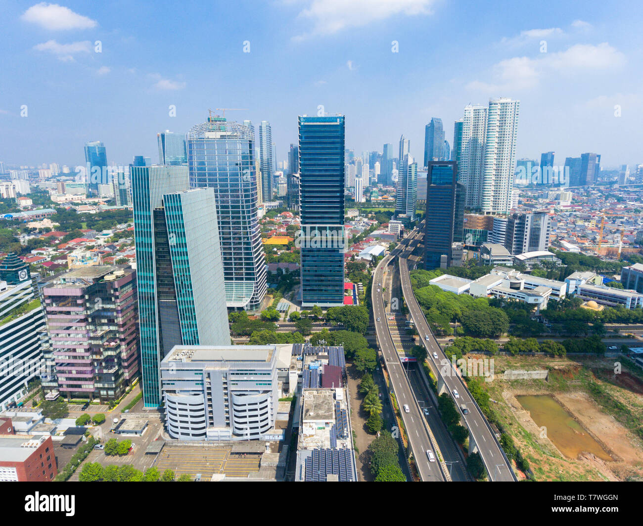 Jakarta business district called ‘Kasablanka’ from the air and its highway Stock Photo
