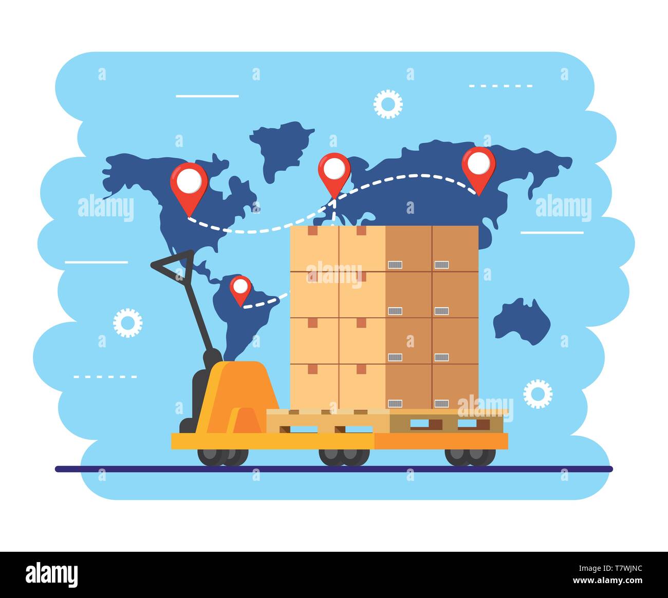hand truck with boxes and map location - Hand Truck With Boxes And Map Location Signs Vector Illustration T7WJNC 