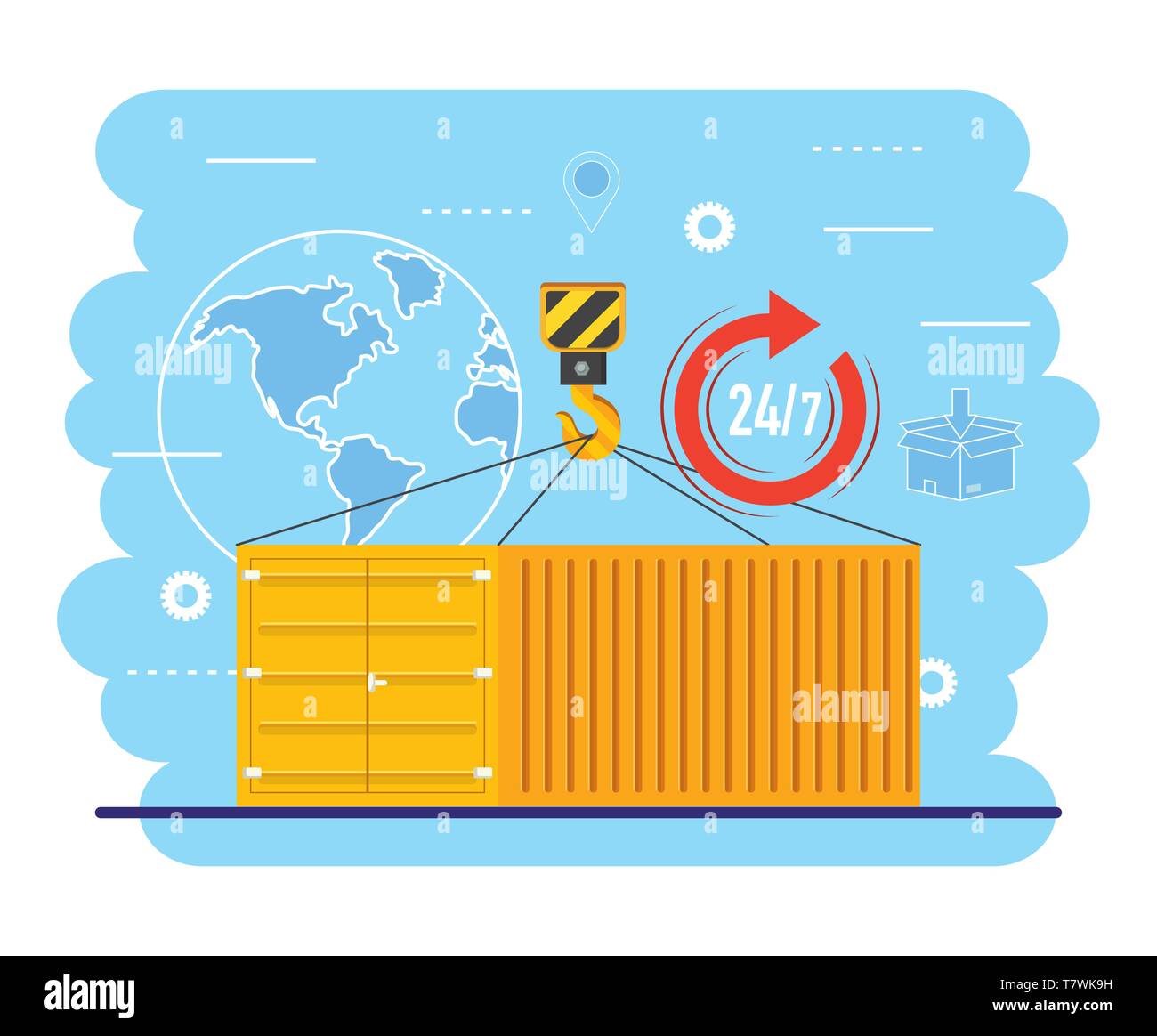 containers with crane hook and global map service vector illustration Stock Vector