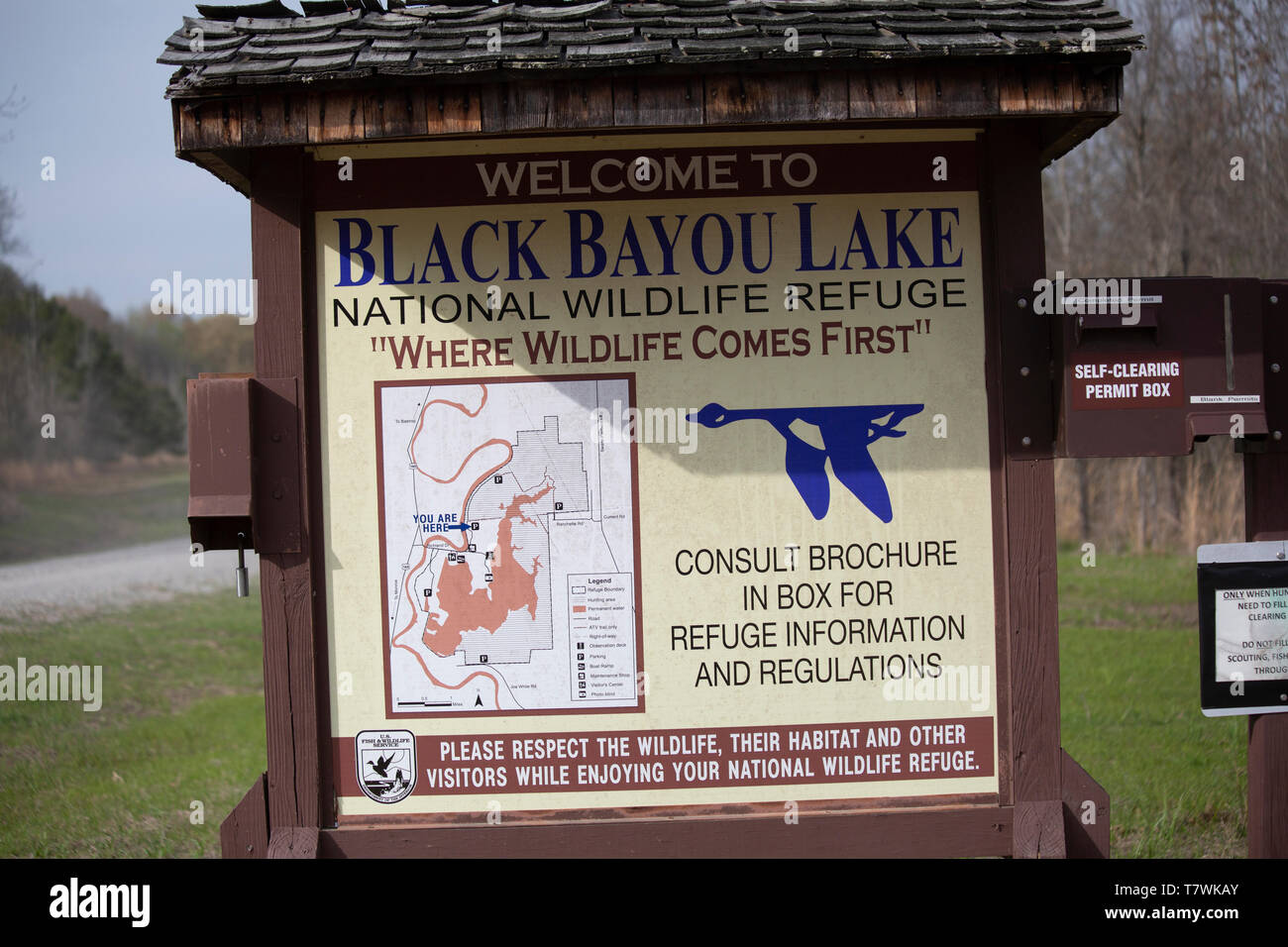 MONROE, LOUISIANA/USA - MARCH 16, 2018: Entry sign to the hunting area of the Black Bayou Lake National Wildlife Refuge on March 16, 2018 in Monroe, L Stock Photo