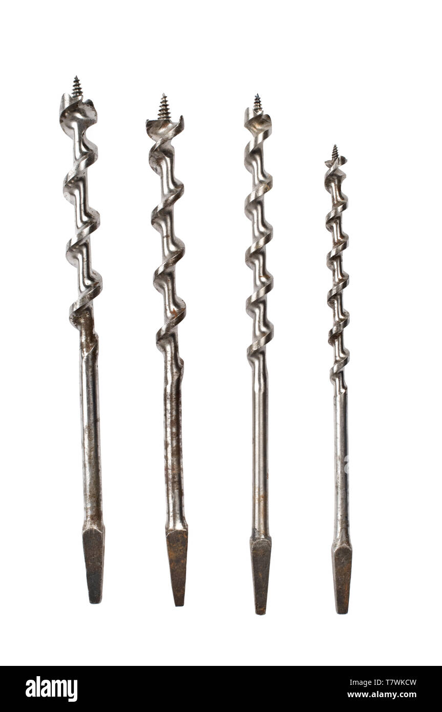 Drill bits for woodwork isolated on white background. Stock Photo