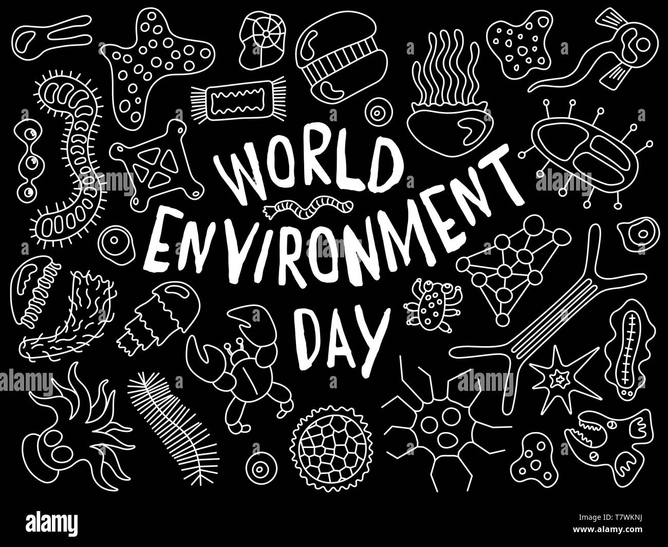 World environment day doodle. Various microorganisms background pattern. Backdrop with infectious germs, protists, microbes, disease causing bacteria, Stock Vector