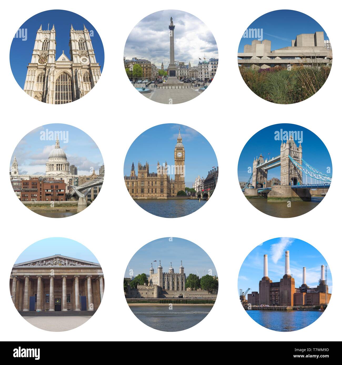 London collage with Westminster Abbey, Trafalgar Square, National Theatre, Saint Paul's Cathedral, Houses of Parliament, Big Ben, Tower Bridge, Britis Stock Photo